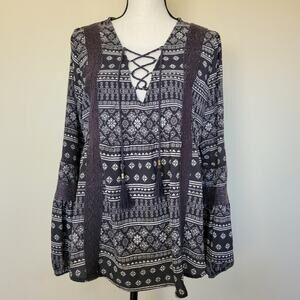 Hint Of Mint Sz L Peasant Boho Long Sleeve Pullover Top Crochet Lace Tassled